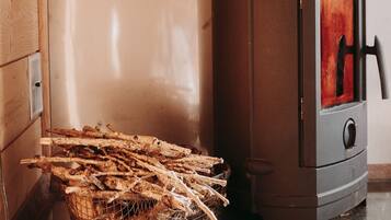A wood-burning stove with a metal basket of firewood beside it.