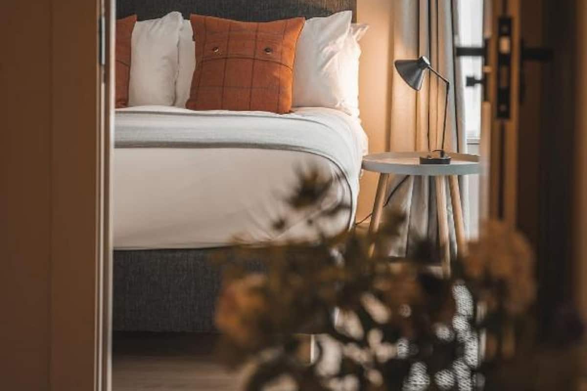 A bedroom with a bed, pillows, a bedside table, and a lamp.