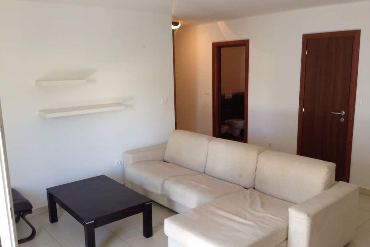Ein Wohnzimmer mit einer Couch, einem Couchtisch und einer Tür.