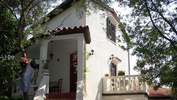 A white building with red steps leading to a covered entrance, surrounded by potted plants and trees. - Impact villas (Rasa)
