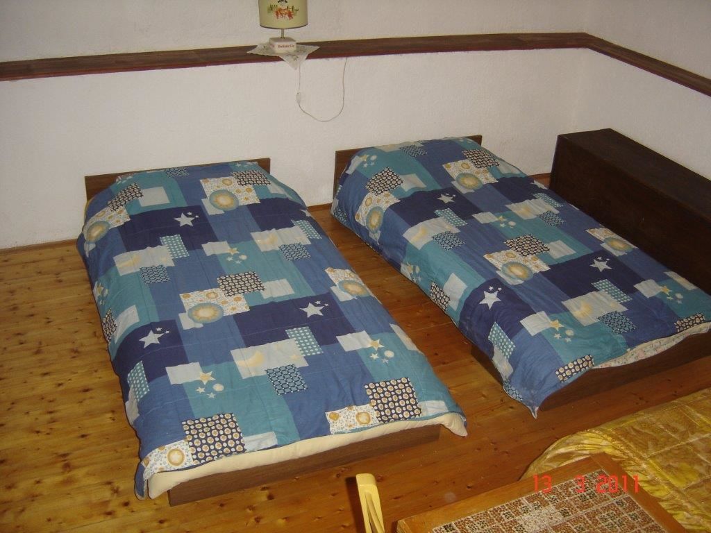 Two single beds with blue and white patterned bedding, a wooden floor, and a small bedside table with a lamp.