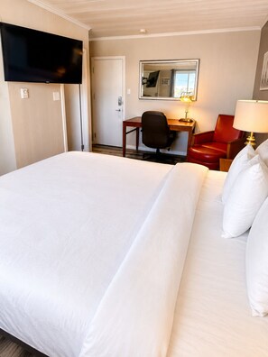 Habitación de hotel con una cama grande, un escritorio, una silla, una televisión y un espejo.