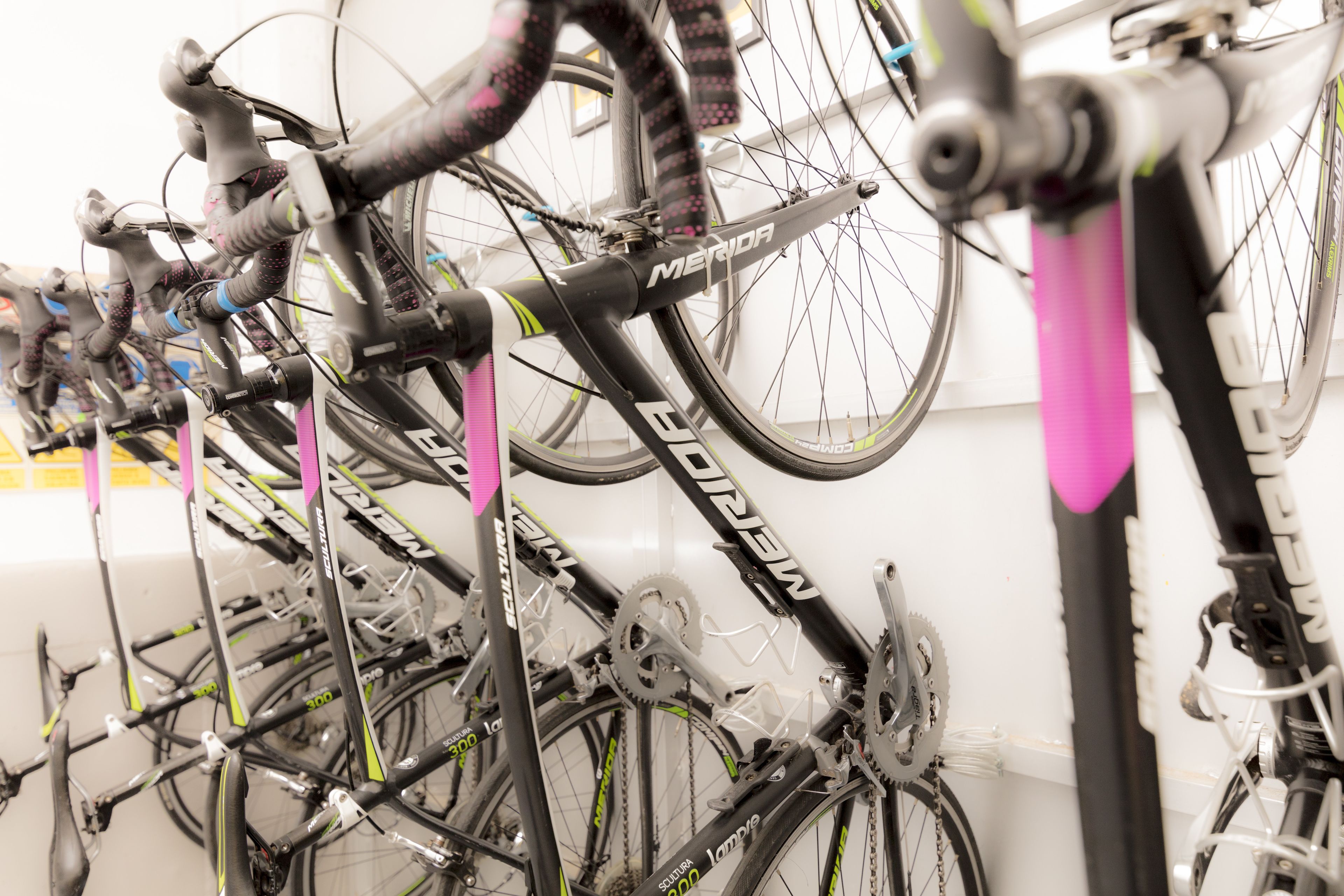 A row of bicycles with pink handles, some with 'MERIDA' branding, in a well-lit indoor space.