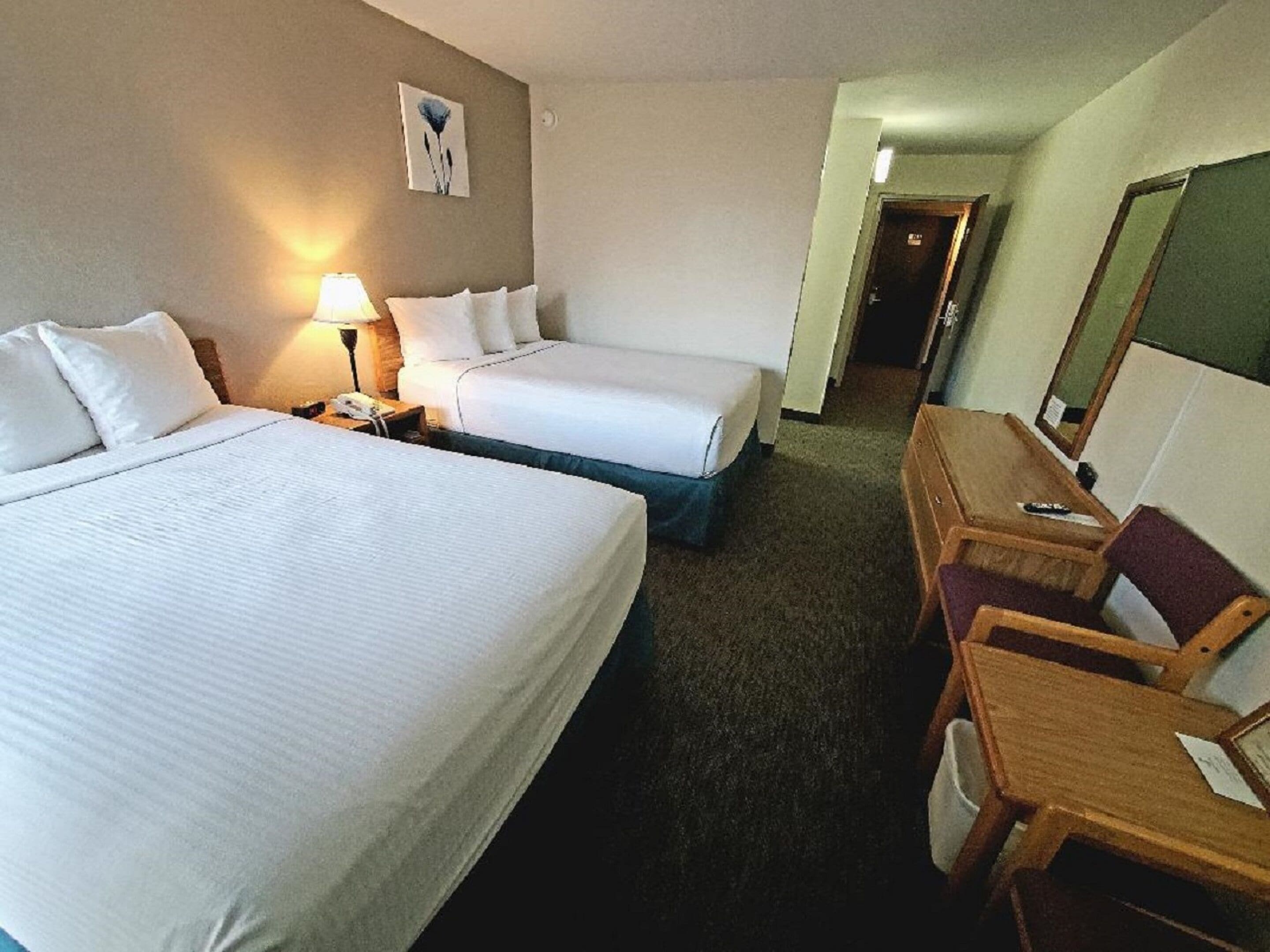 basic single room, 2 double beds, refrigerator & microwave | 1 bedroom, desk, laptop workspace, blackout curtains