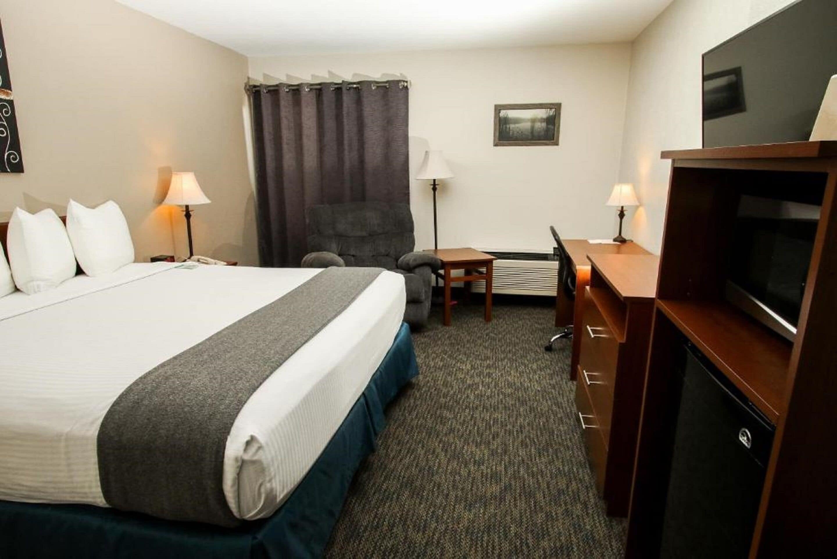 basic single room, 1 king bed, refrigerator & microwave | 1 bedroom, desk, laptop workspace, blackout curtains