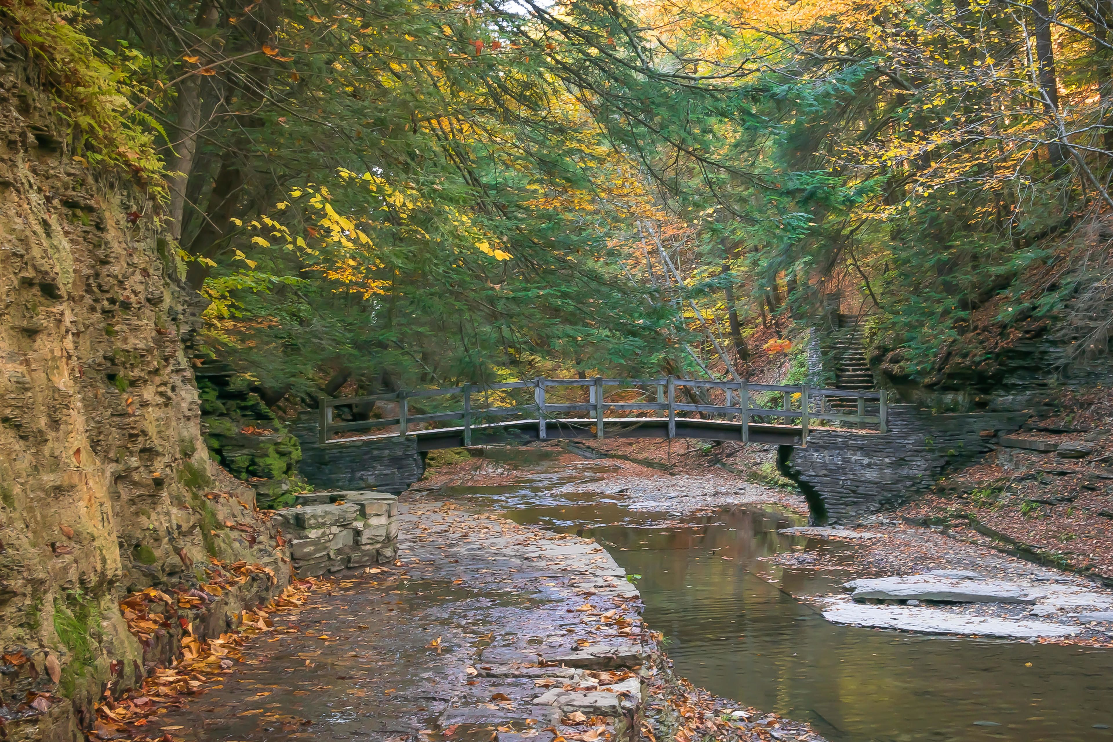 Un pont de pierre enjambant une rivière paisible, entouré d’un feuillage automnal et d’un mur de pierre.