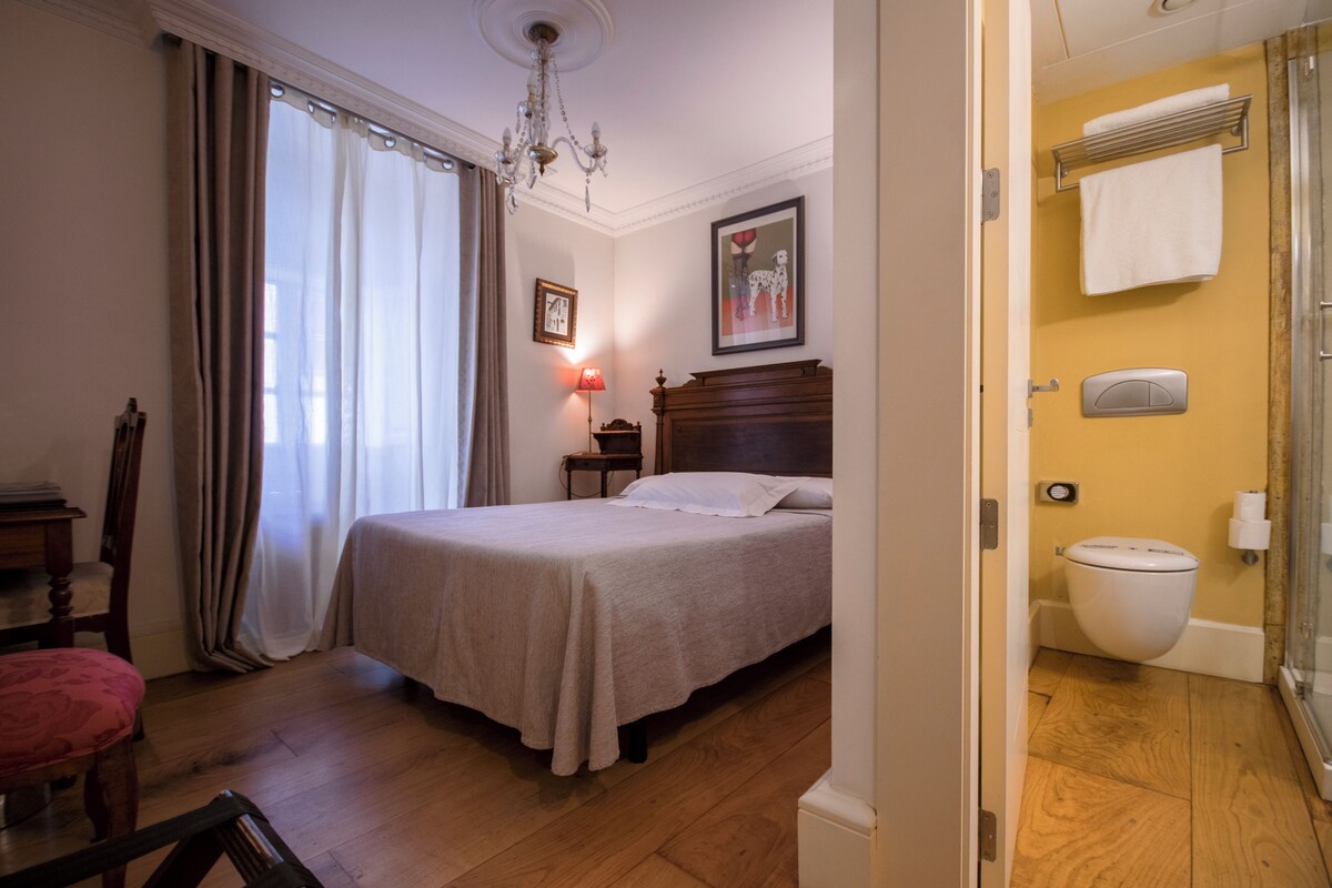 Ein Schlafzimmer mit einem Bett, einem Nachttisch, einem Stuhl, Holzboden, einer Chandelier und einem Badezimmer mit Toilette und Handtuchhalter.