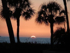A sunset over the ocean with palm trees silhouetted against the sky. - Beachfront 2BR/2BA condo with pool, Wi‑Fi, and heated pool access. (Marco Island)