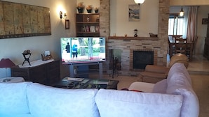 Un salon avec une cheminée, un téléviseur et un canapé.