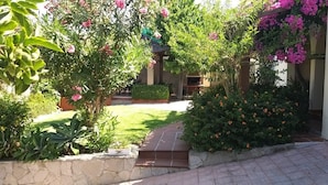 Un jardin avec un mur en pierre, un chemin pavé et différentes plantes à fleurs.