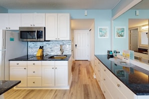 Fridge, microwave, coffee/tea maker, blender