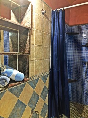 Shower, hair dryer, bidet, towels