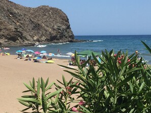 A beach with umbrellas and people.
