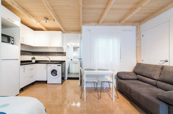 Un espace de vie compact comprenant un coin cuisine, un lave-linge, une table à manger avec des chaises et un canapé.