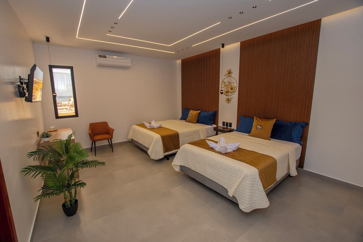 Une chambre d’hôtel moderne avec deux lits, une plante en pot, un bureau et une chaise.