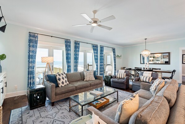 Flat-screen TV, fireplace, DVD player, stereo