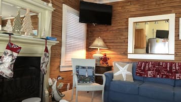 TV, fireplace, music library, video library