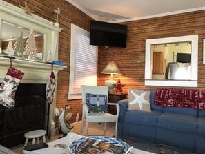 Een televisie, een open haard en een muziekbibliotheek