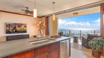 Panoramic Apartment, 2 Bedrooms, Ocean View | Private kitchen | Coffee/tea maker, electric kettle, toaster, highchair