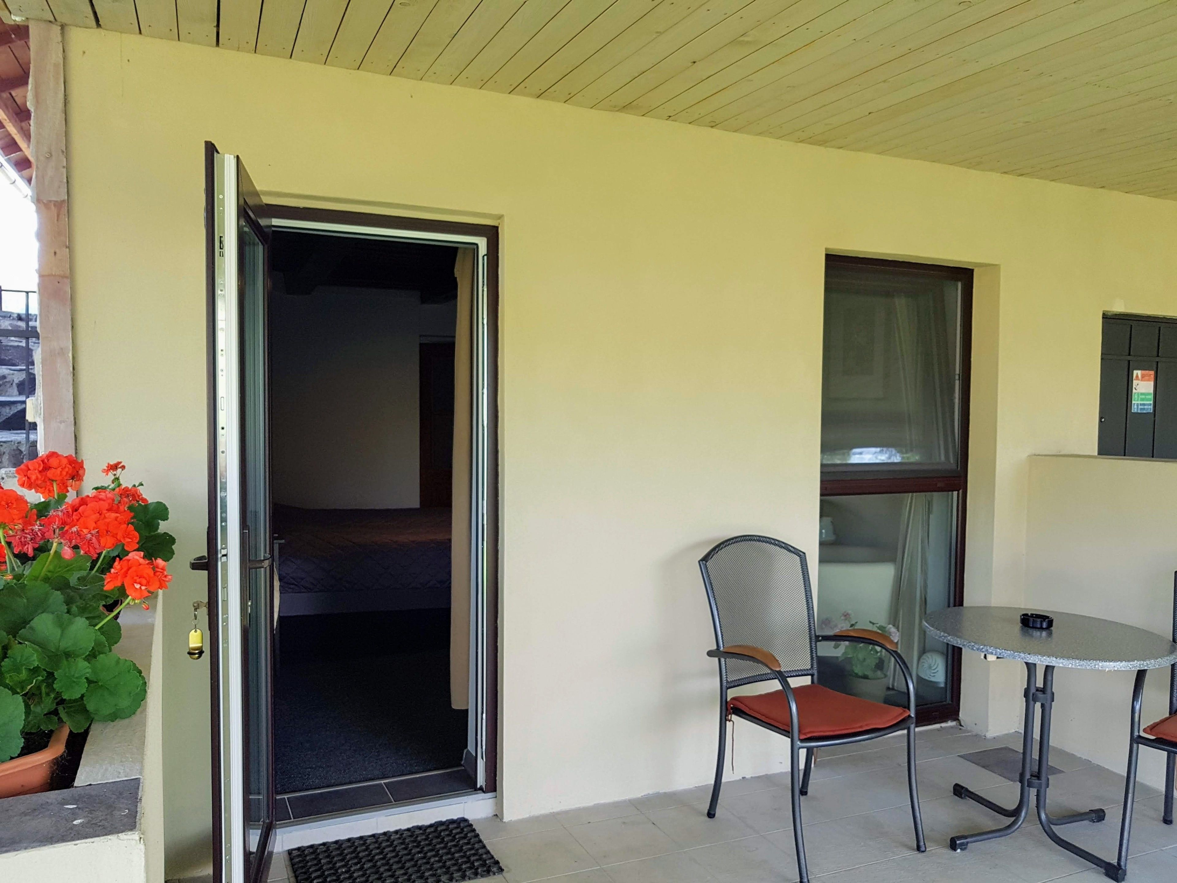 A room with a sliding door, a chair, a small round table, and a potted plant with red flowers.