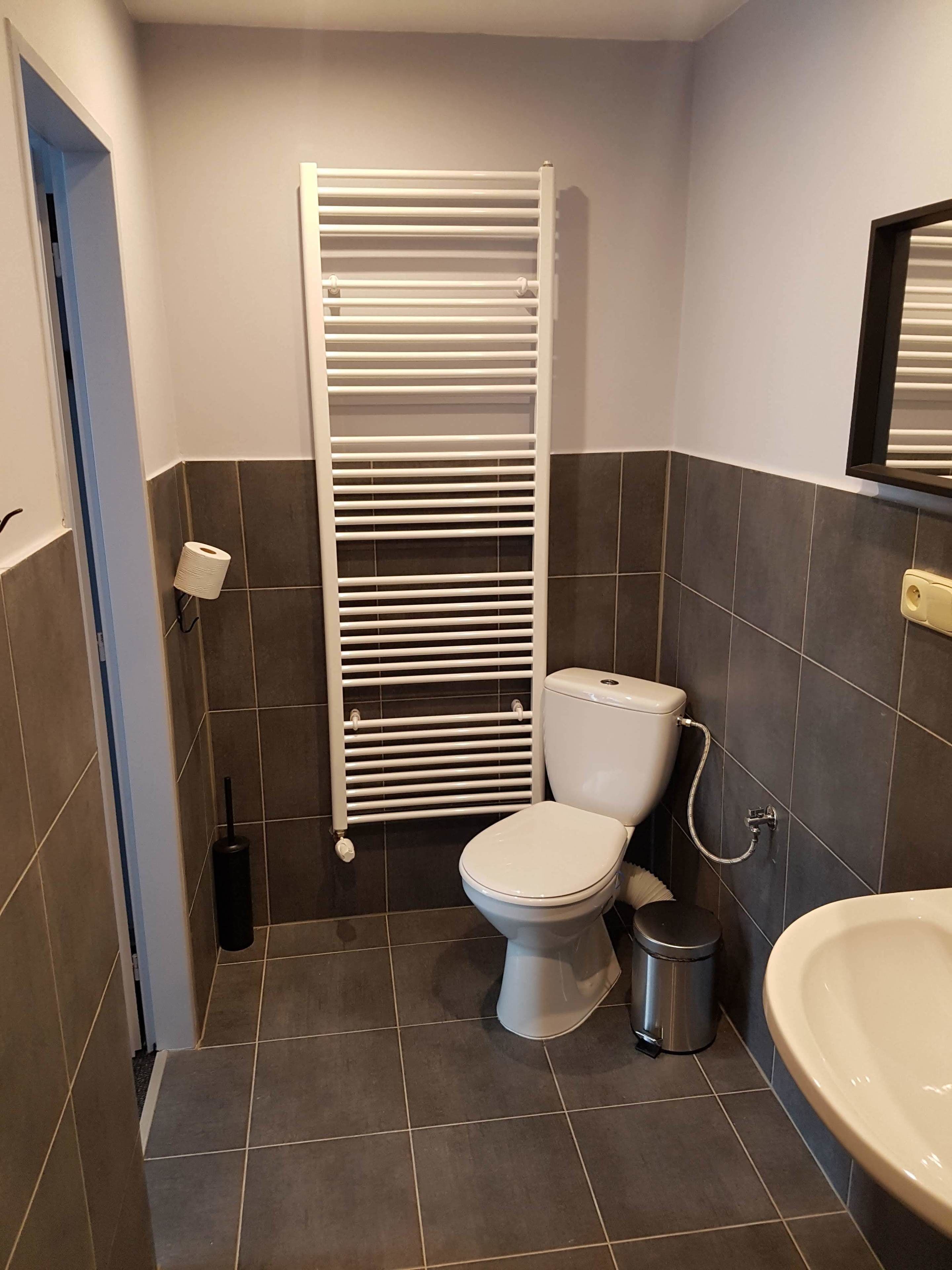 Un baño pequeño con inodoro, bidé y lavamanos.
