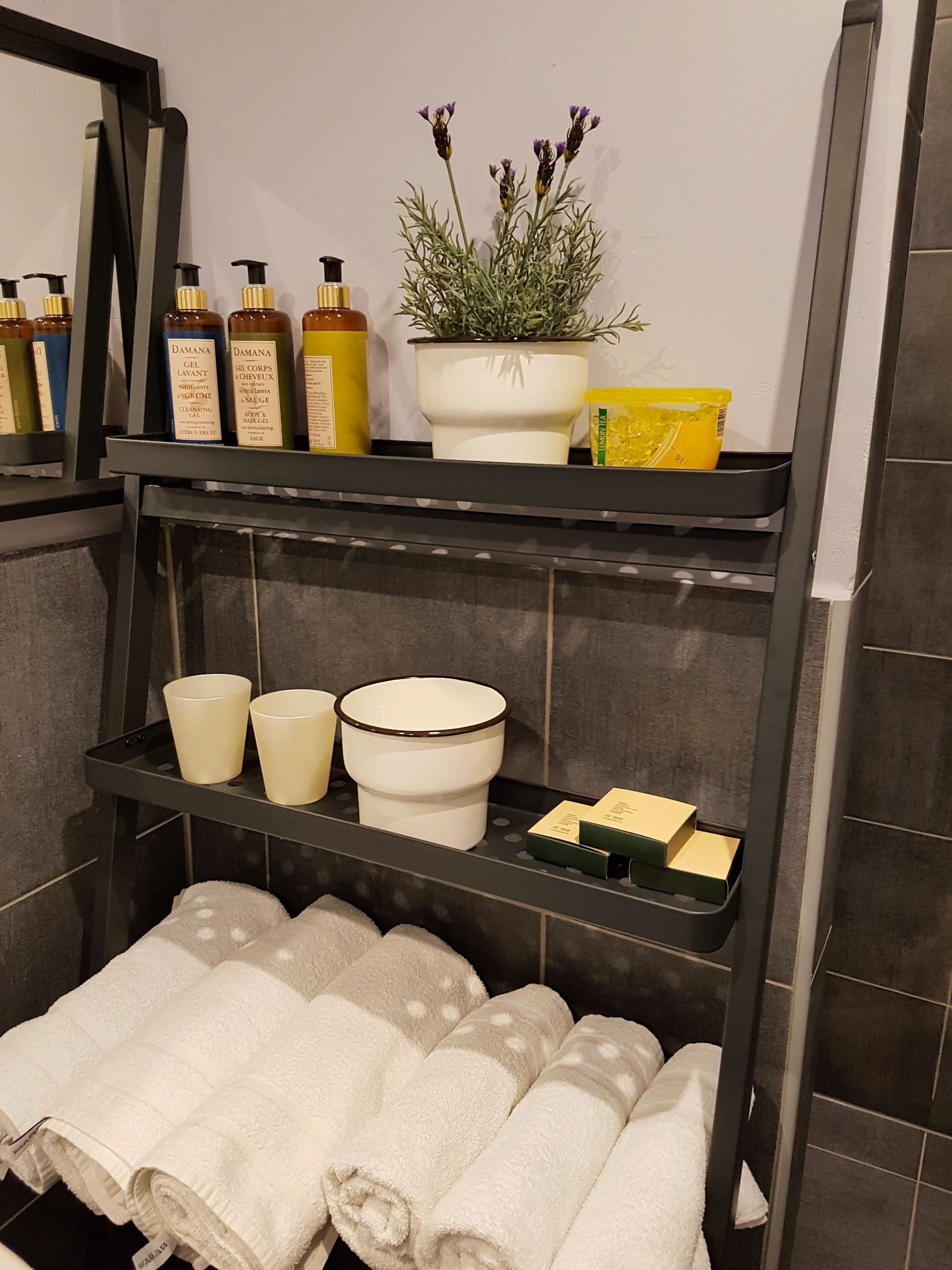 A bathroom with a shelf holding toiletries, a potted plant, and towels.