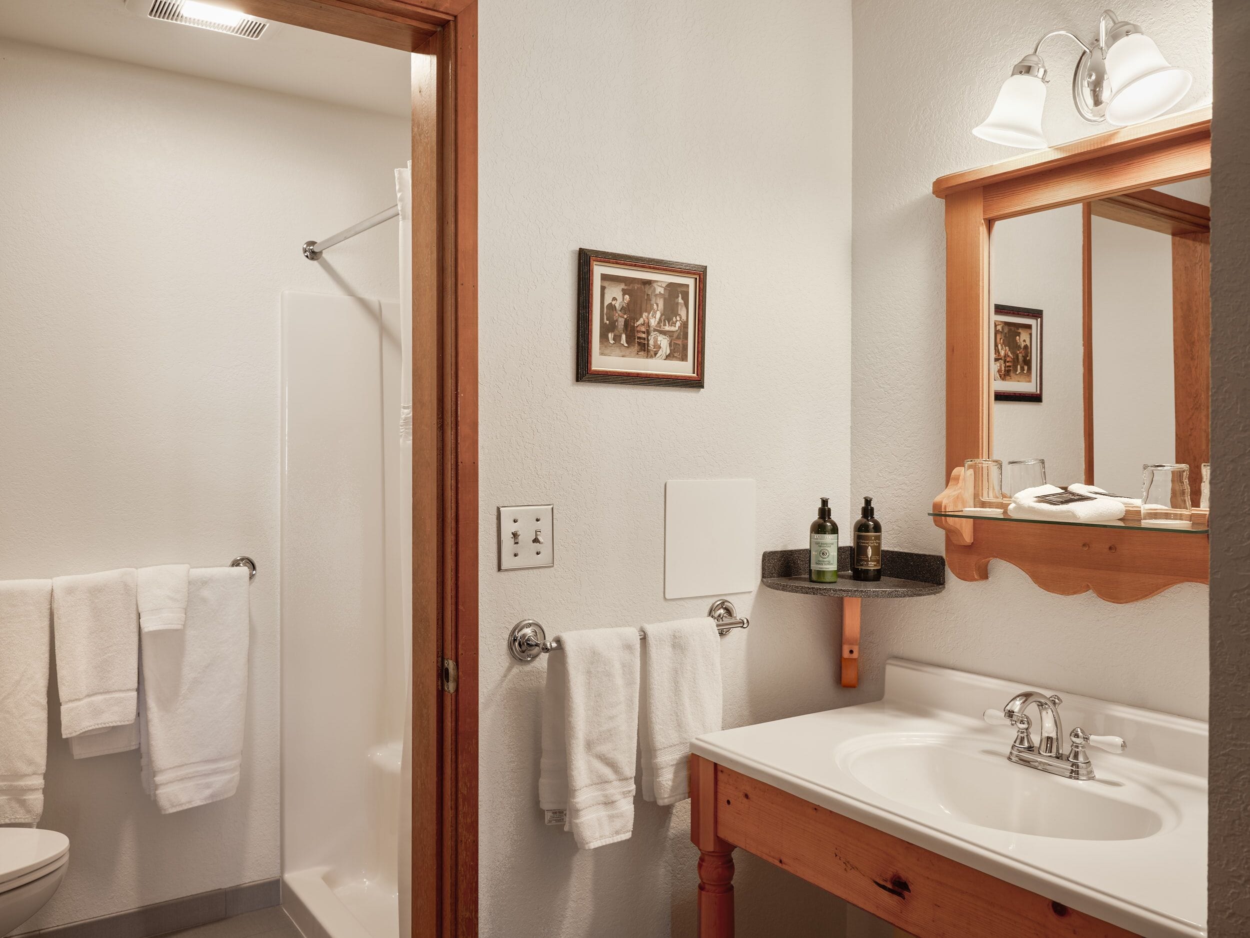 A bathroom with a shower, a sink, a mirror, and a towel rack.