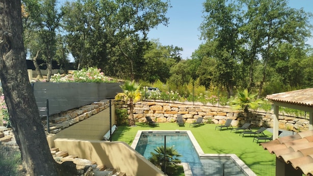 Uma área de piscina com muro de pedra, uma pequena palmeira e uma pérgula.