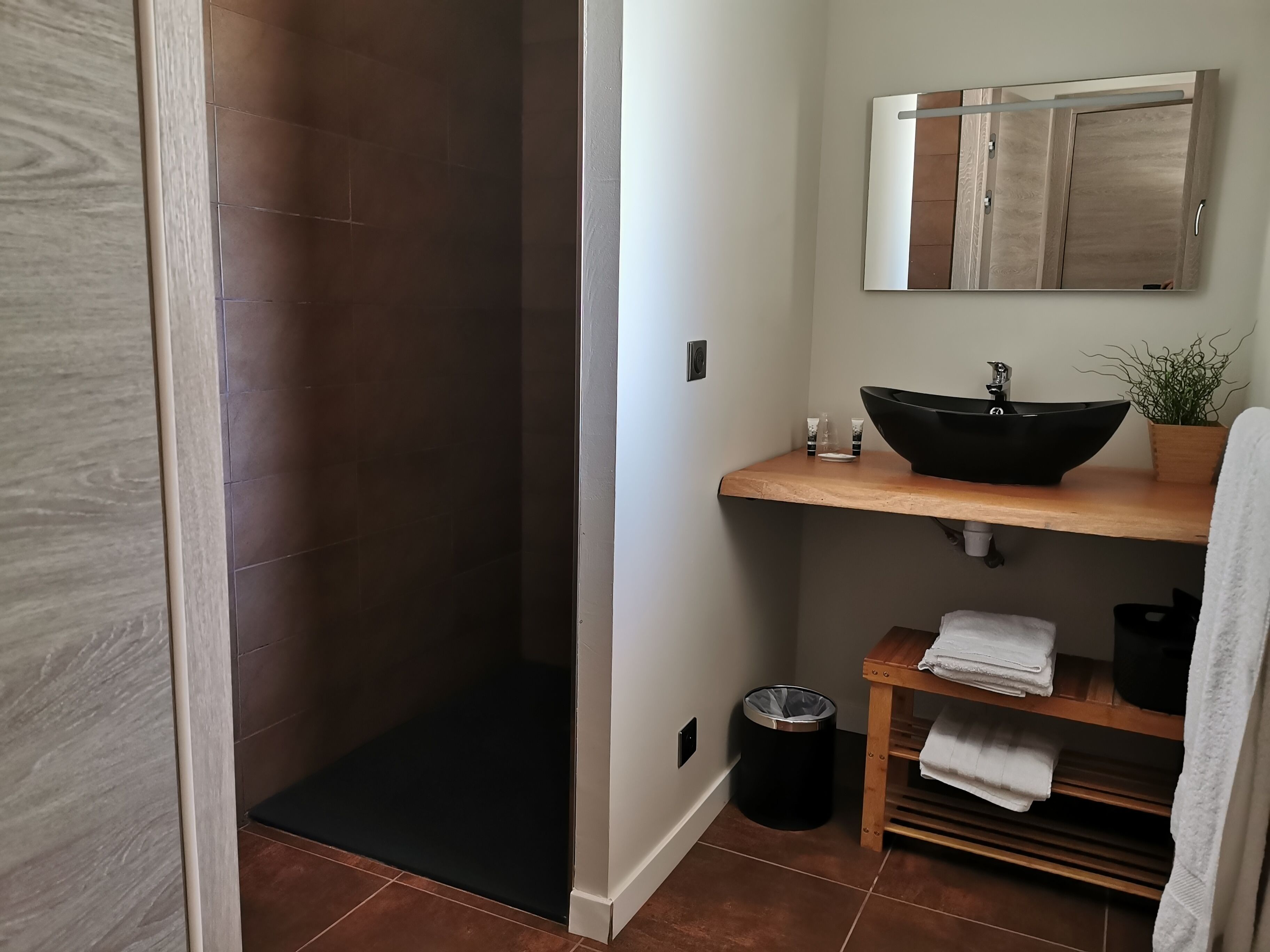 Un baño moderno con cabina de ducha, un mueble de tocador de madera y un lavabo negro, y un espejo sobre el lavabo.