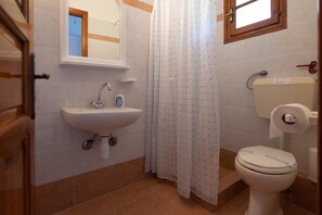 Habitación básica con 1 cama doble o 2 individuales, 2 camas individuales | Baño | Ducha y cabezal de ducha tipo lluvia