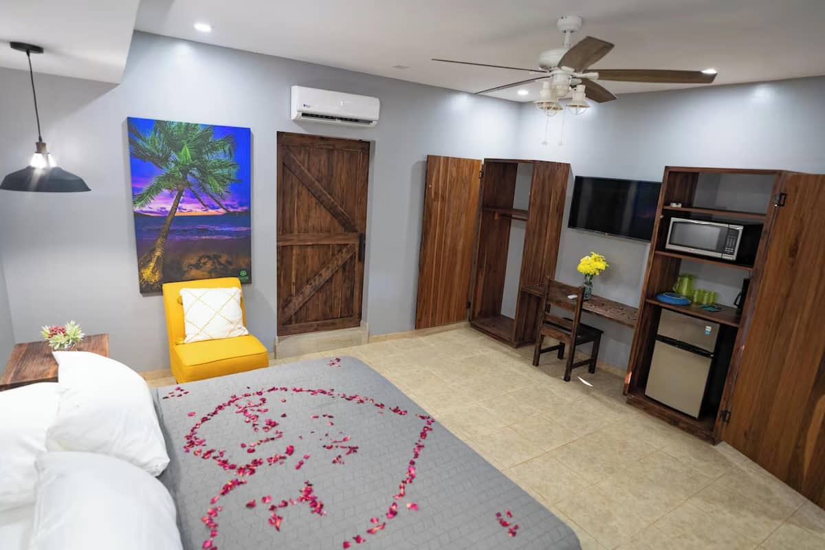 A bedroom with a bed, a desk, a TV, and a kitchenette.
