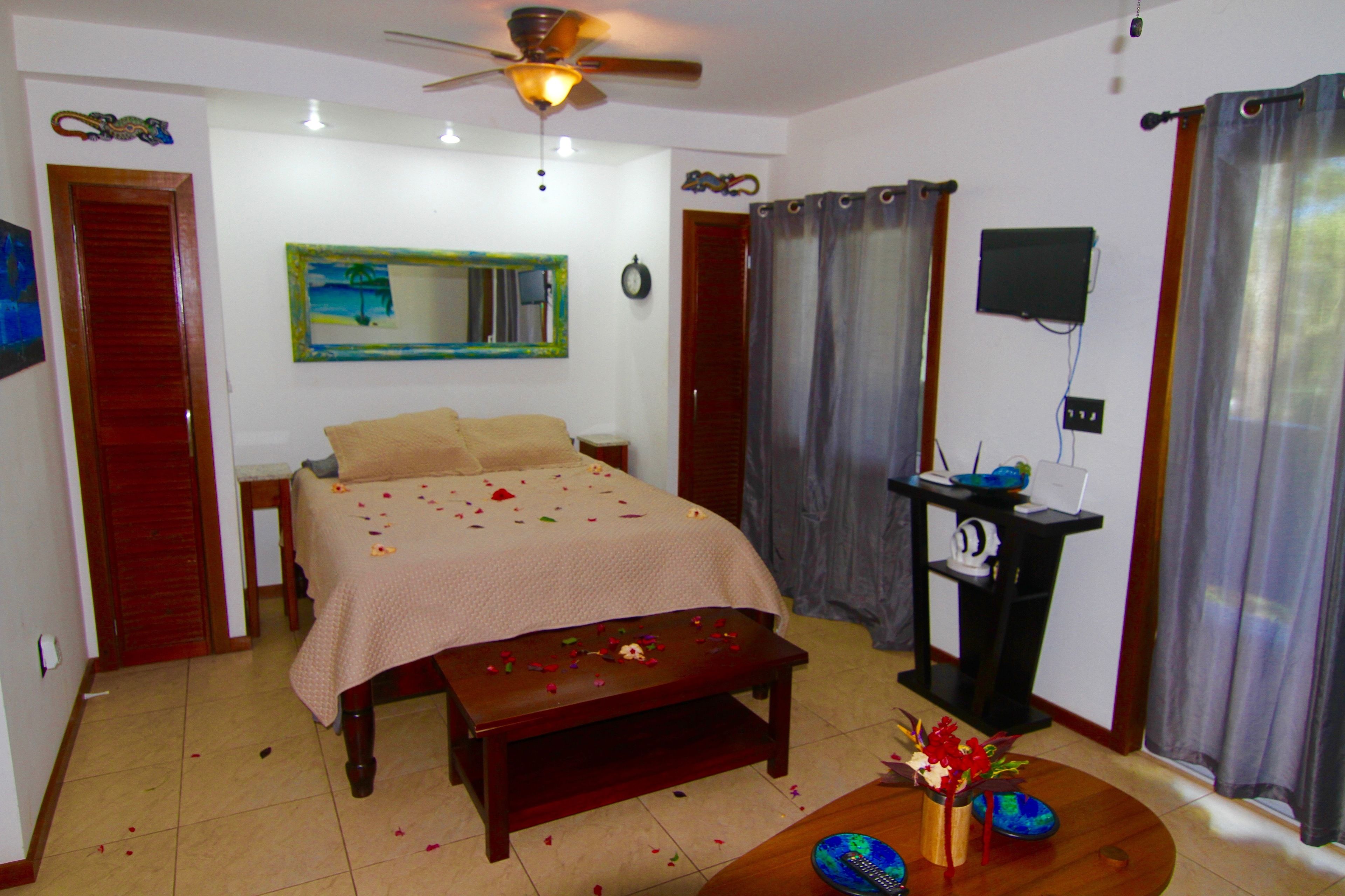 A bedroom with a bed, a desk, a ceiling fan, a TV, and a window with curtains.