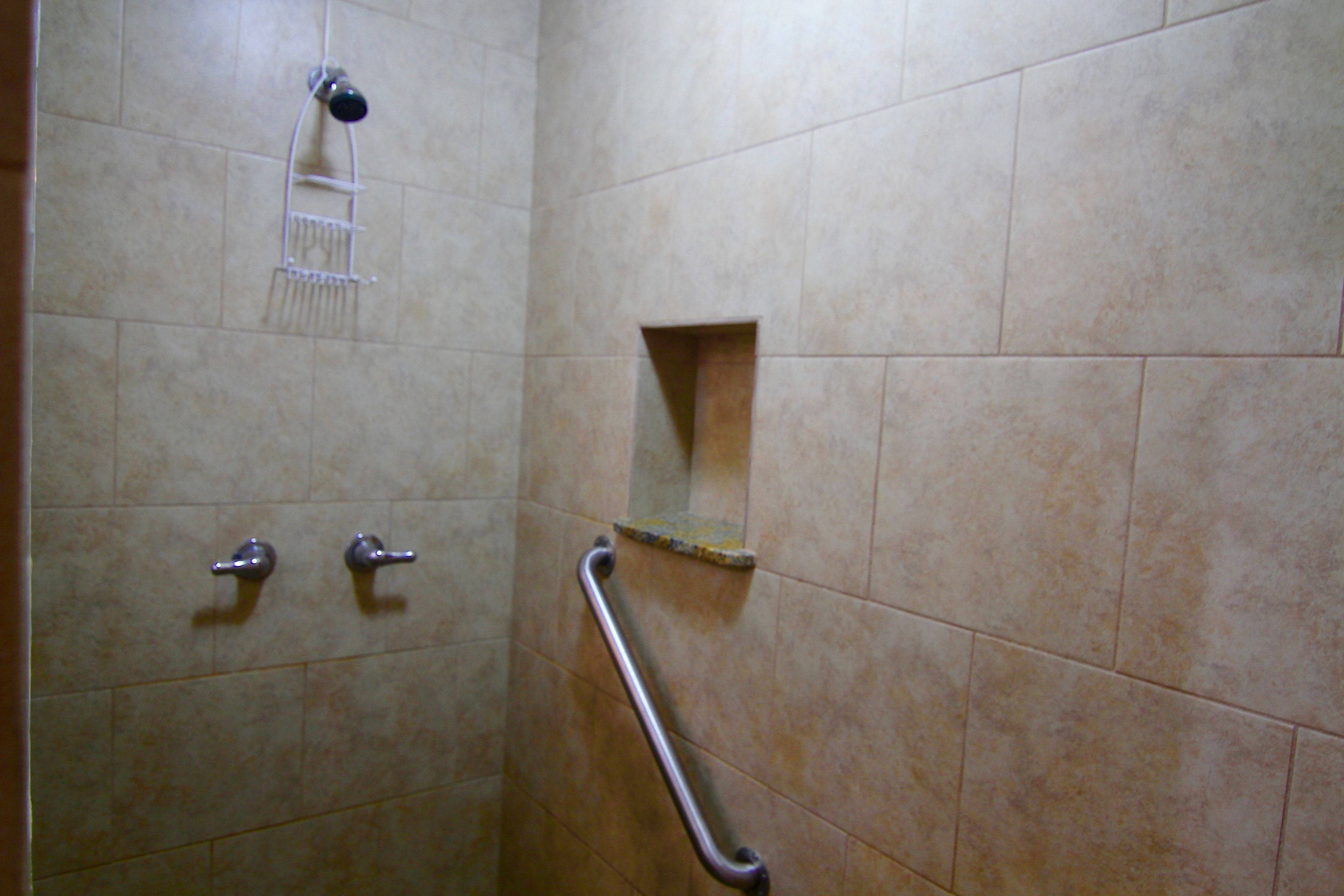 Een douche met een handgreep, een plank en een douchekop.