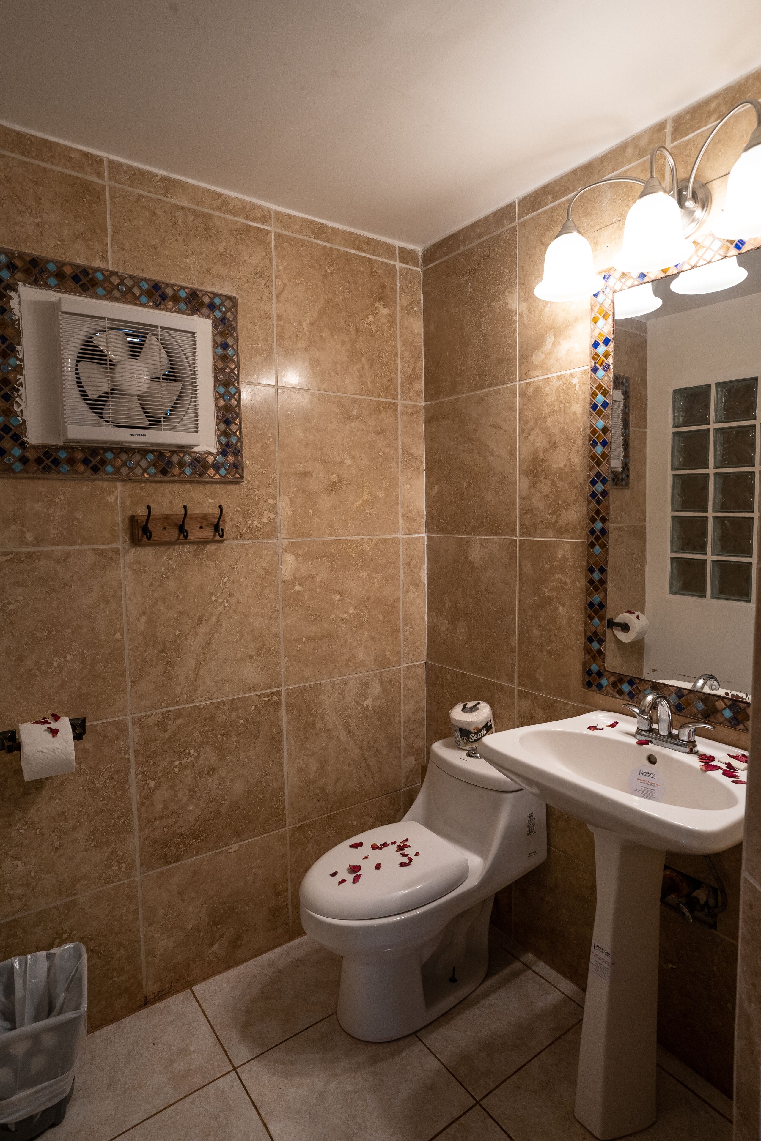 A bathroom with a toilet, sink, and mirror. There is a towel rack and a trash bin.