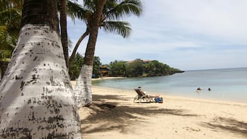 A beach with palm trees, a chair, and a person in the water.