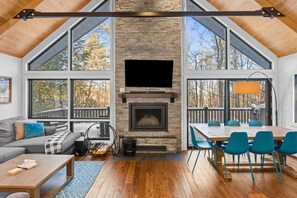 Smart TV, chimenea y libros 