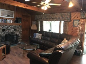 TV, fireplace, DVD player, books