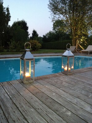 Outdoor pool, a heated pool - Normandy cottage and guest house, sleeps 6 with heated pool (Le Torp)