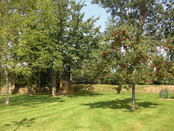 A small wooden cabin surrounded by lush green trees and a well-maintained lawn.
