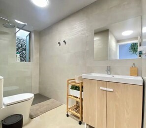Combined shower/bathtub, hair dryer, bidet, towels