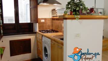 A compact kitchen with a washing machine, a stove, and a microwave. There's a window with curtains, a plant on the counter, and a logo for 'Sperlonga Resort'.