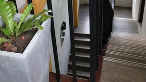 A staircase with a handrail, a potted plant, and a decorative wall piece. - Blue Pillars Kandy (Kandy)