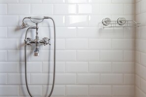 Combined shower/tub, hair dryer, bidet, towels