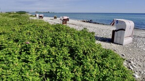 A beach with a row of beach chairs and a small building with a flag. - Kl. Reetkate f. 2 pers. / WLAN / sauna / garden / a few minutes to the beach (Behrensdorf)