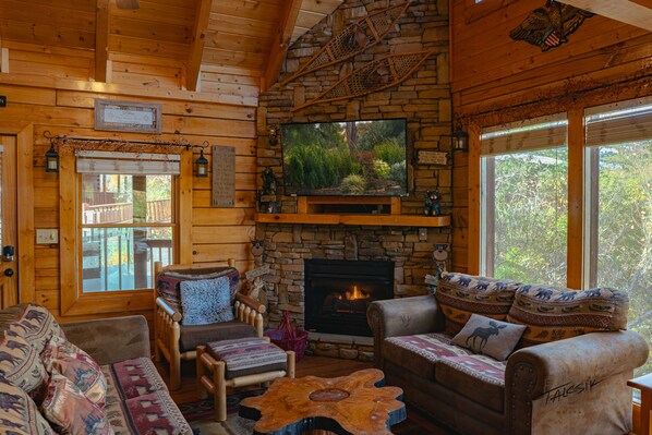 Smart TV, fireplace, video games, DVD player