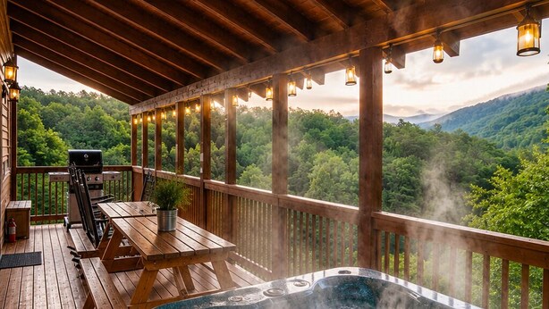 A hot tub on a wooden deck with a view of a forested mountain range. - A+ Views & Location! > Parkway, Dollywood. Theater, Hot Tub, Games, Pet Friendly (Pigeon Forge)