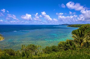 Une plage tropicale aux eaux turquoise et limpides, bordée d’une végétation luxuriante, avec une île qui se profile à l’horizon.