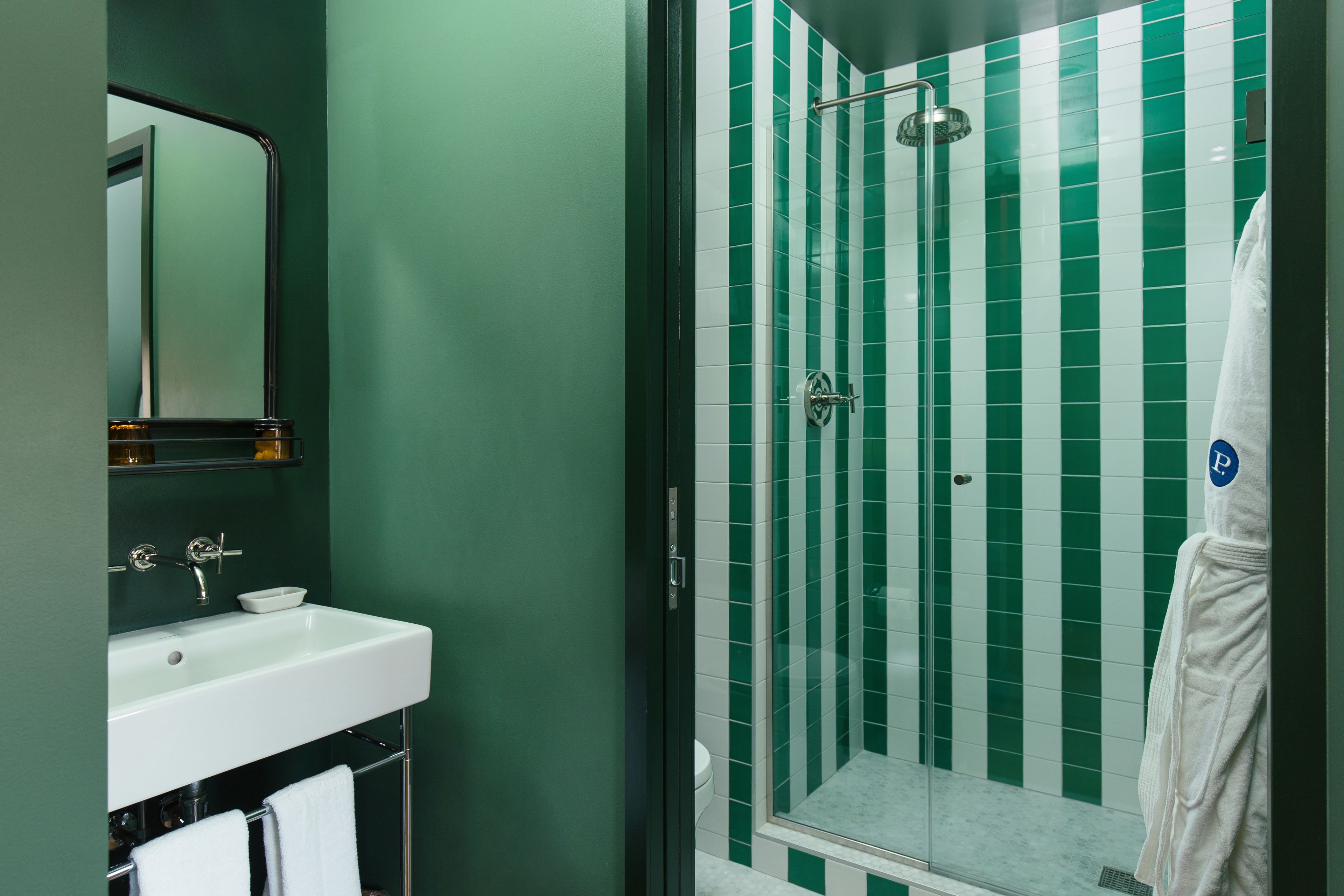 shower, rainfall showerhead, hair dryer, bathrobes