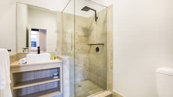 A modern bathroom with a glass-enclosed shower, a white sink, and a mirror.