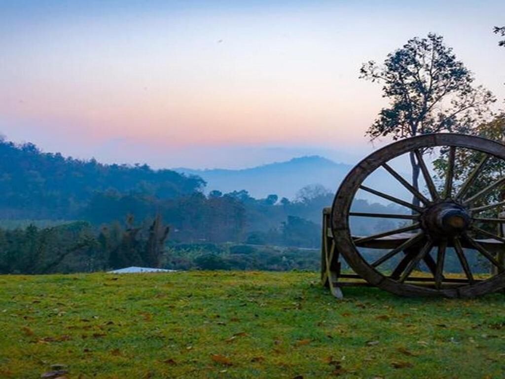 A rustic wooden cart in a grassy field with a backdrop of trees and distant mountains.